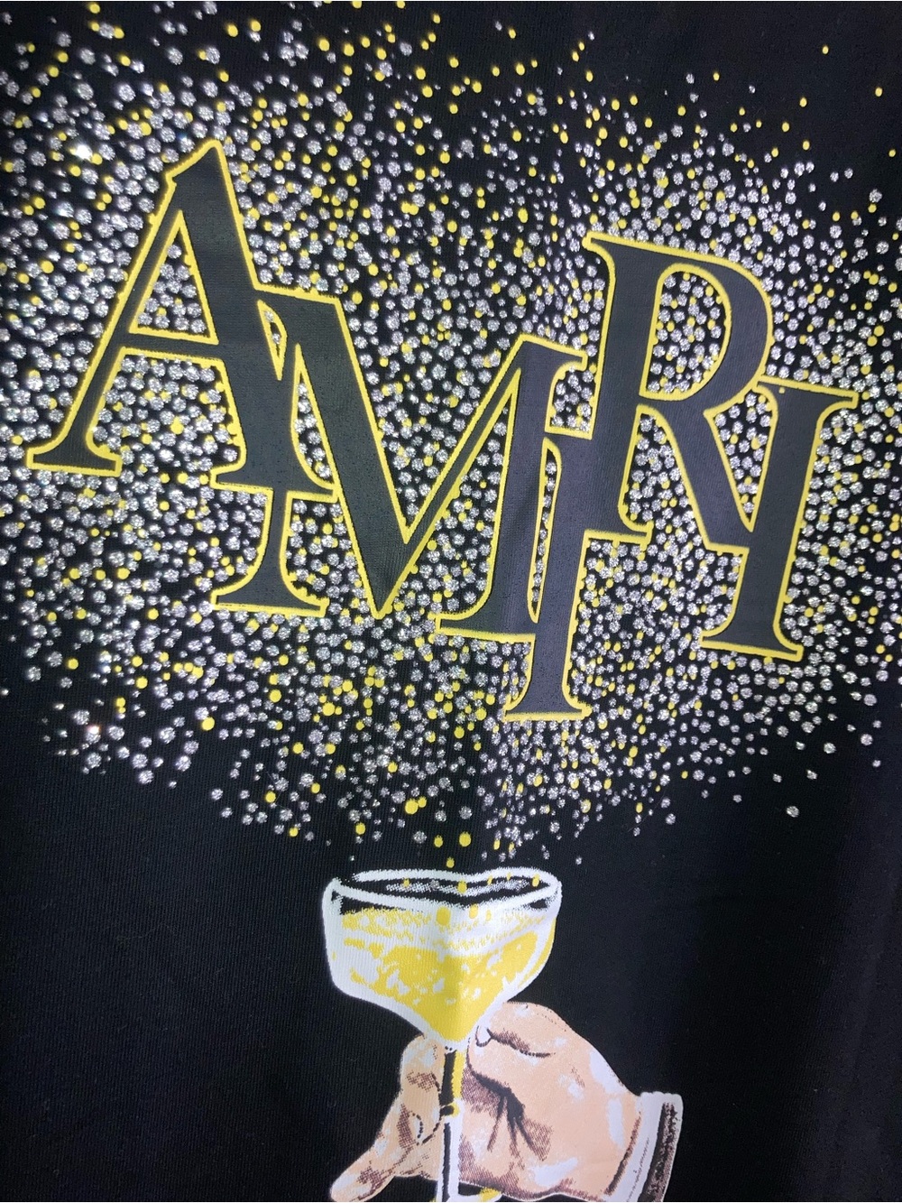 AMIRI Black Short Sleeve Tee with Yellow Chest Logo - Picture 2 of 4